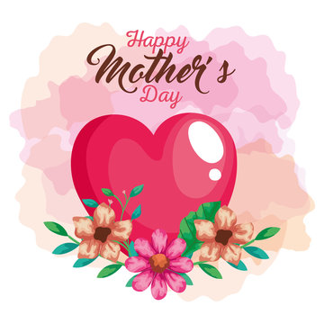 Heart flowers with leaves card design, happy mothers day love relationship decoration celebration greeting and invitation theme Vector illustration