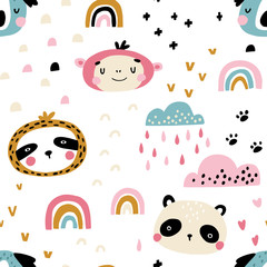 Rainbow rain Africa. Seamless pattern with cute animals faces. Childish print for nursery in a Scandinavian style. For baby clothes, interior, packaging. Vector cartoon illustration in pastel colors.