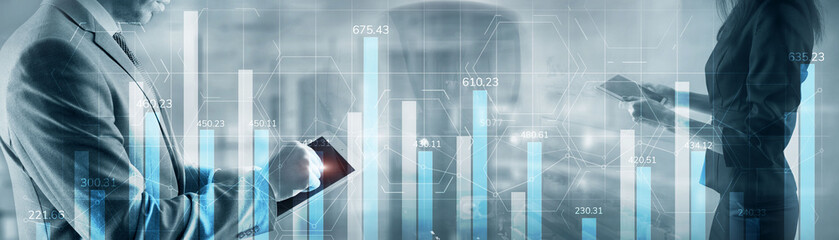 Business growth, progress or success concept. Financial bar chart and growing graphs with on blue...