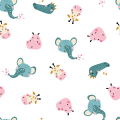 Tropical Africa. Seamless pattern with cute animals faces. Childish print for nursery in a Scandinavian style. For baby clothes, interior, packaging. Vector cartoon illustration in pastel colors.