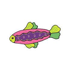 Hand-drawn multi-colored vector fish. Sea bright doodle illustration. Ornamental fish with patterns. Decorative element for design