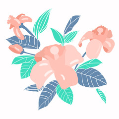 Fototapeta na wymiar Lemon tree blossom bouquet illustration in coral, green and blue colors on white background. Can be used for logos, banners, flyers, stickers, posters, invitations, cards, fabrics and T-shirts.