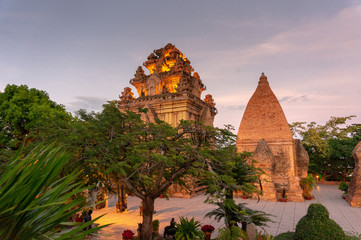 Po Nagar Cham Towers in Nha Trang. Great old brick temple complex PoNagar at night, Vietnam.