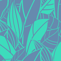 Lemon tree leaves in trendy green and faded blue colors. Hand drawn seamless pattern. Botanical design. Can be used for websites, banners, prints, cards, decorations, covers, fabrics, wrappings.