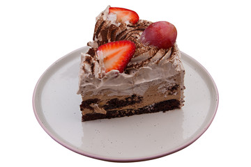 tasty appetizing cake with strawberries cream and chocolate on white background