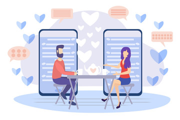 Online dating vector illustration. Flat persons concept couple relationship. Mobile application for distance communication and introduction with romantic or sexual partners. Web message chat