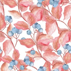watercolor illustration, seamless pattern in pastel colors, branch with berries, wallpaper ornament, wrapping paper