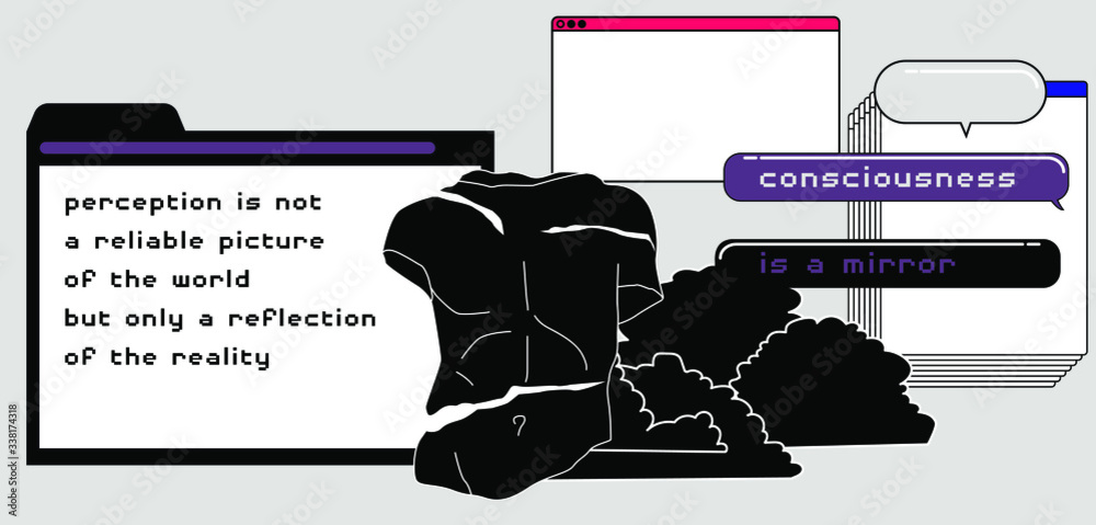 Poster postmodern artsy collage with user interface elements, speech bubbles and marble sculpture. surreal 