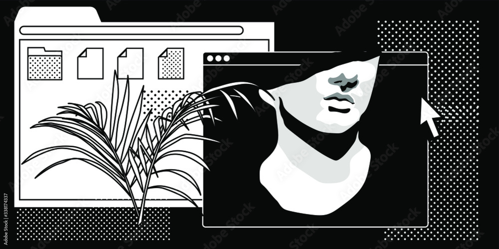Poster postmodern artsy collage with user interface elements, speech bubbles and marble sculpture. surreal 