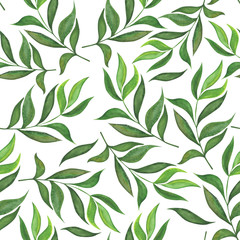 seamless pattern, watercolor illustration, image of green leaves, ornament for fabric and wallpaper, wrapping paper