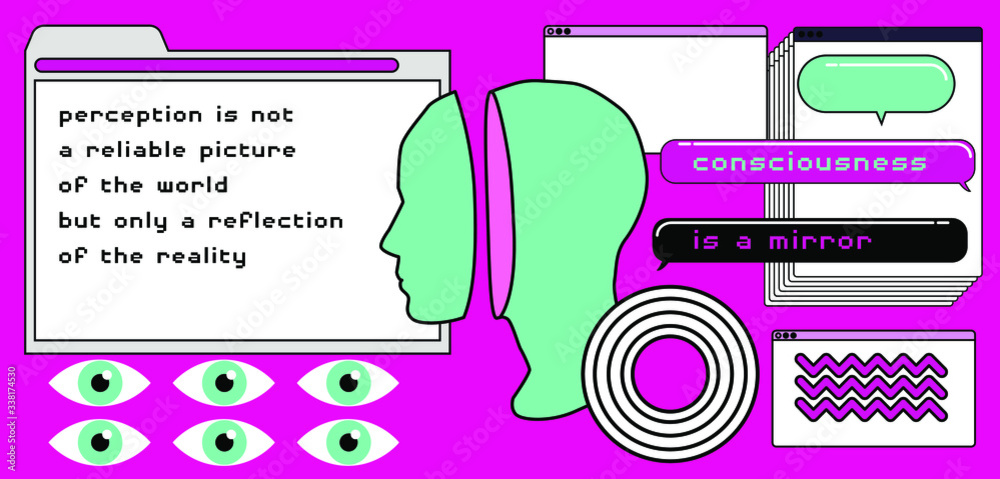 Aufkleber surreal vaporwave style collage with head splitted in two parts and user interface elements, frames,