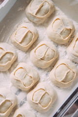 Khinkali with meat and potatoes, dumplings, manti, homemade food recipe