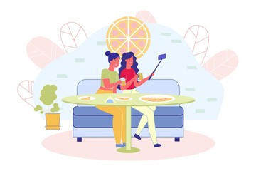 Girls make Selfie in Pizzeria with Mobile Devices.