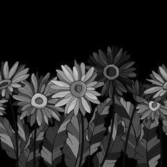seamless background, border with chamomile flowers, gerberas, vector illustrations in monochrome gray
