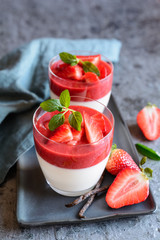 Panna cotta with strawberry sauce topping, served in a glass jar