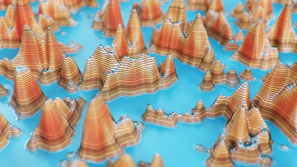 Topographic 3D map of dangerous mountain terrain. Contour lines on a topographic map. Studying geography of area: hills, mountains and plains. Cartography concept, mountain hiking, 3d illustration