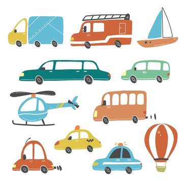 Set of cartoon cute kids and toy style cars and other transport, truck, taxi, police car, fire truck, ship, helicopter, excavator, bus, air balloon. Isolated vector illustration.