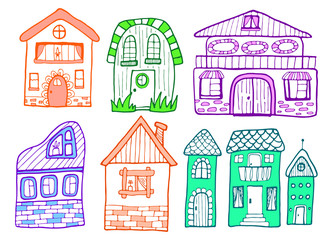 Hand drawn doodles cartoon house set with cute windows. Colorful cottage vector illustration. Farmhouse sketch.