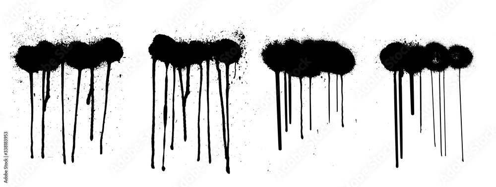Poster stencil graffiti spray isolated on white background with black splashes with flowing lines of paint.