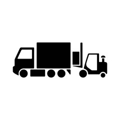 Shipment truck and forklift icon. Delivery van and lift truck symbol. Modern icon design for cargo, warehouse, shipping concept.