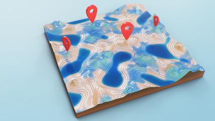 Red pointers, markers on the 3D map navigation. Contour lines on a topographic map. Studying the geography of the area: hills, mountains and plains. Cartography map on blue background, 3d illustration