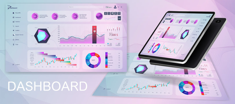 Beautiful dashboard UI. Modern pink purple admin panel with data graphics and diagrams, clean and simple app interface. Dashboard UI, UX, KIT. Analytics panel Mockup. Vector illustration 