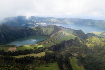 Top view of Boca do Inferno lakes in Sete Cidades volcanic craters on San Miguel, Azores - Portugal.