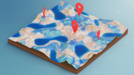 Cross section 3D Map with red point markers. Contour lines on a topographic map. Studying the geography of the area: hills, mountains and plains. Pointers on map, navigation concept, 3d illustration