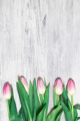 Beautiful pink tulips on wooden background. Copy space.