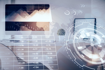 Multi exposure of stock market chart drawing and office interior background. Concept of financial analysis.
