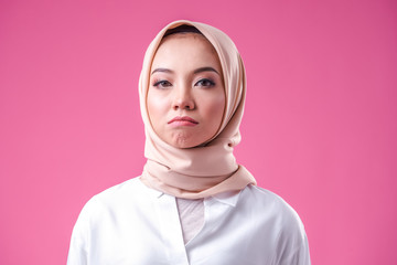 Isolated Pink background of Beauty asian women wearing scarf with variety reaction face