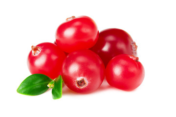 Cranberry with green leaves isolated on white background