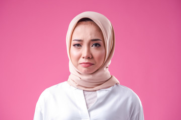 Isolated Pink background of Beauty asian women wearing scarf with variety reaction face