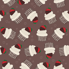 Strawberry chocolate cupcakes vector seamless pattern