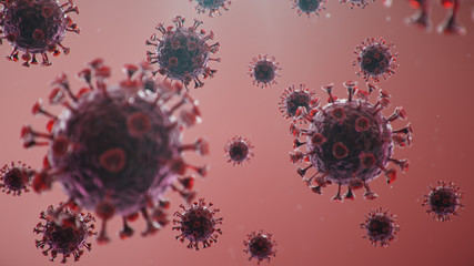 Outbreak of coronavirus, flu virus and COVID-19. Concept of a pandemic, epidemic for human cells. COVID-19 under the microscope, pathogen affecting the respiratory system, 3d illustration