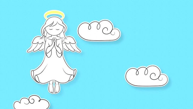 A drawn angel flies on a blue sky fairway with clouds stylized as a paper structure. Looping video with a flat image of a cherub with a halo over his head in white clothes.
