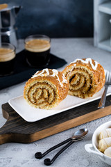 Honey cake rolls served with espresso. Home made pastry, copy space 