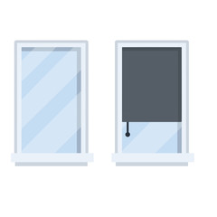 Set of modern Windows with Black frame. Blue glass and pink roll curtains. Element of decoration of room and wall of house. Cartoon flat illustration