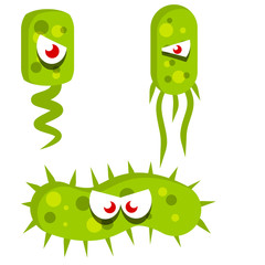 Virus and green bacteria. Causative agent. Funny Micro-organism with face under microscope with flagella. Dangerous microbe. Set of Scientific and medical icon. Cartoon flat illustration