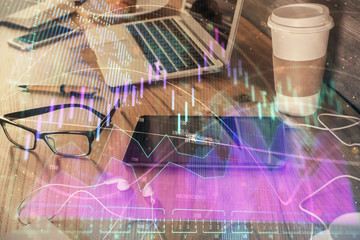 Double exposure of financial graph drawing and cell phone background. Concept of forex trading