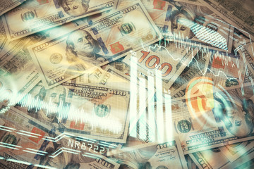 Double exposure of tech theme drawing over usa dollars bill background. Concept of technology.