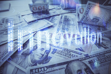 Double exposure of data theme drawing over us dollars bill background. Technology concept.