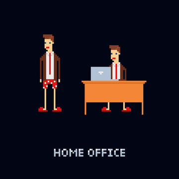 Vector pixel art character - young male worker at home, wearing office suit and tie with underpants and slippers. isolation, freelance work. cartoon 8 bit illustration isolated