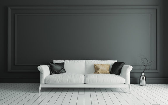 sofa on white wooden floor and classic frame wall realistic 3D rendering