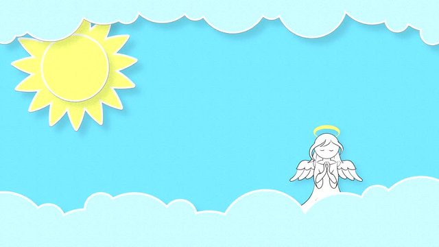 An angel with wings and a halo on his head rises up from the clouds against a blue sky with the sun. Looping animation with repetition seamless.
