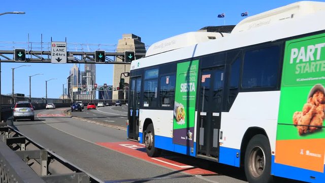 Fast Motion Low Traffic City Bound Entering The Sydney Harbour Bridge On A Sunny Day.
