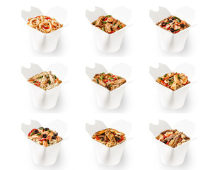 Beef chicken teriyaki, seafood calamari, salmon sliced wok noodles with white onion, sesame seeds and pepper. Perfect for delivery and branding. Plain white food container for delivery or takeaway.