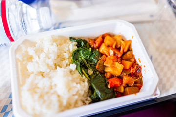 Healthy vegan vegetarian asian food vgml hot meal on airplane flight tray with rice and vegetables...