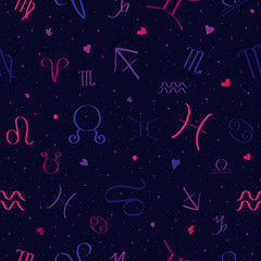 Neon color horoscope signs on a dark background vector seamless pattern 