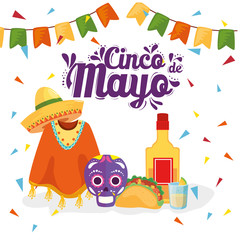 Mexican skull poncho hat taco and tequila bottle design, Cinco de mayo mexico culture tourism landmark latin and party theme Vector illustration